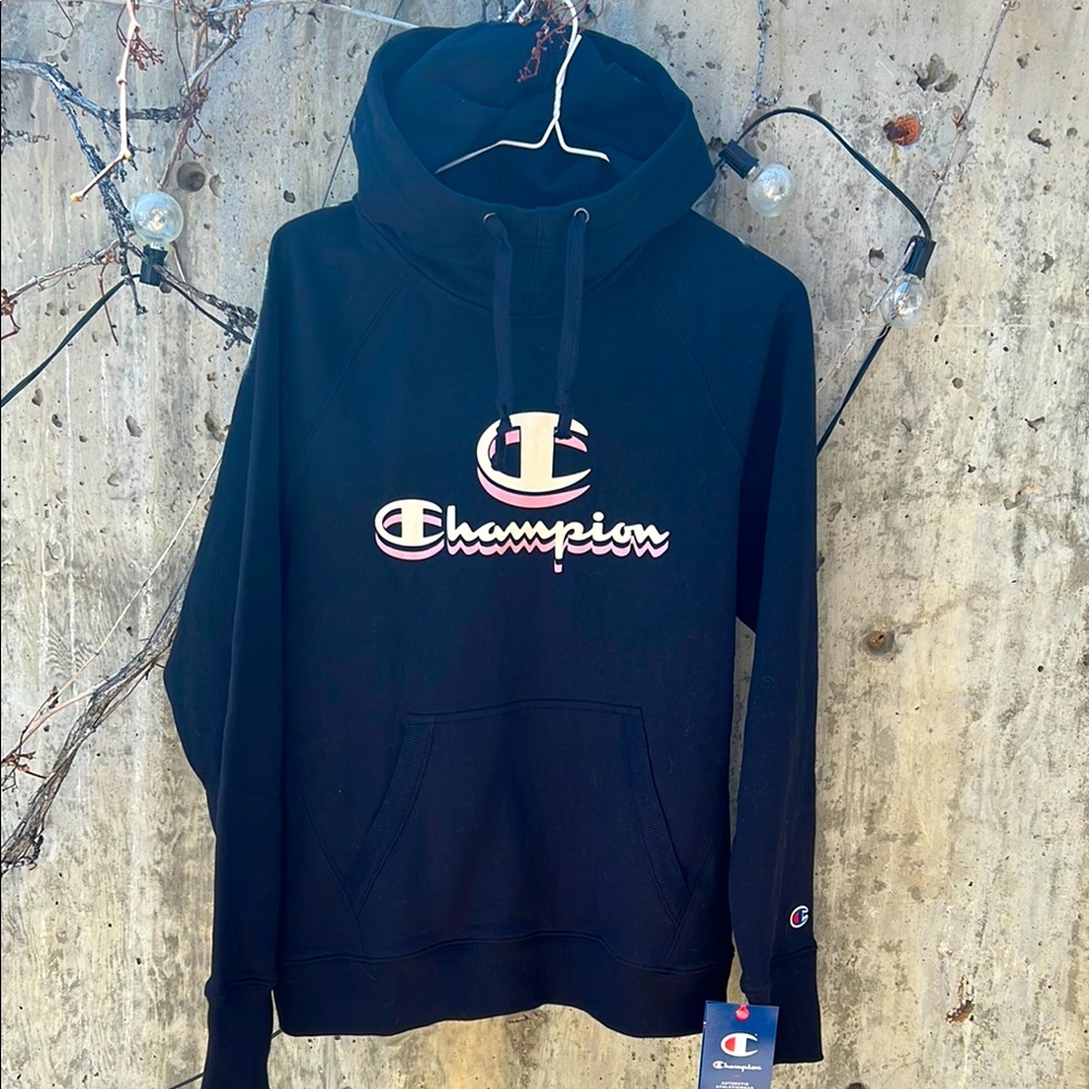 Champion Black Hoodie Women’s Medium NWT cream + mauve logo